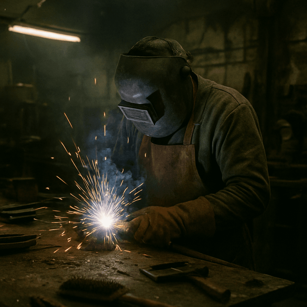 Soldador con mascara y mandil de cuero en un taller metalurgico